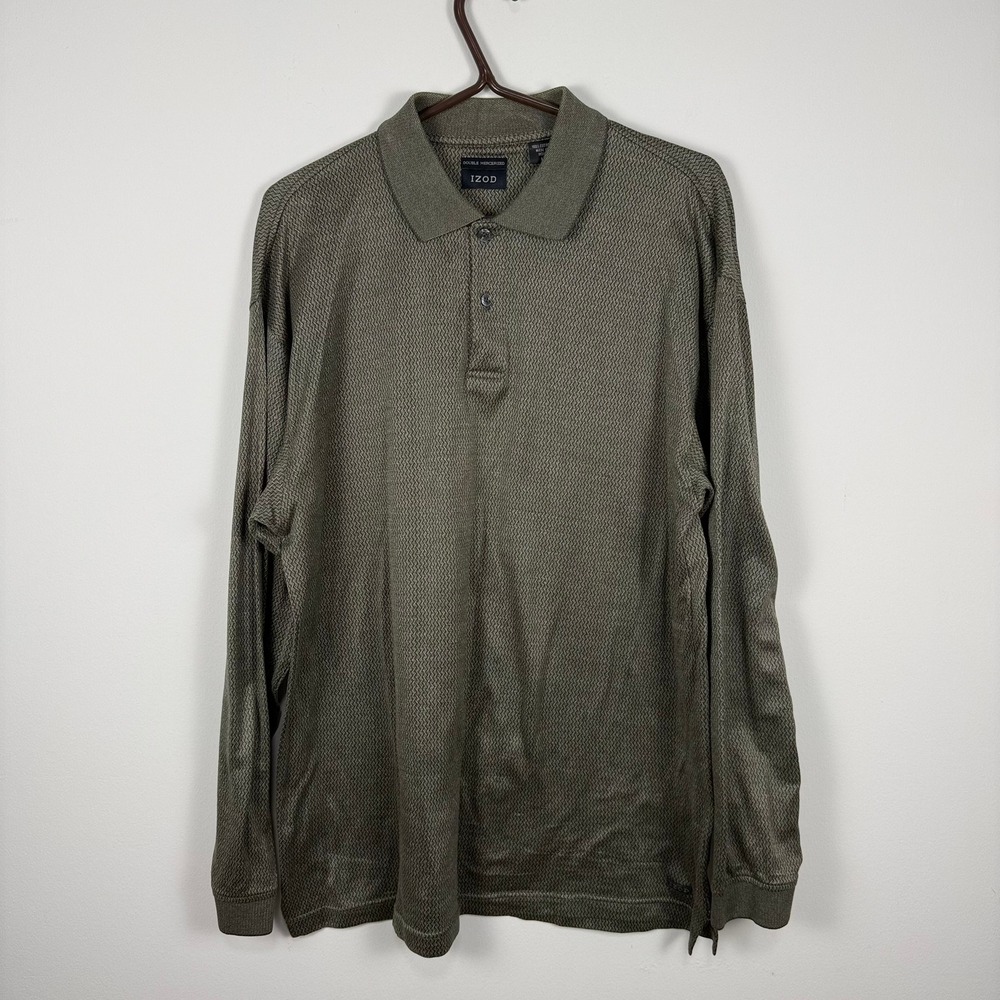 IZOD Mens Long Sleeve Polo Shirt Olive Green Double Mercerized Cotton Textured M